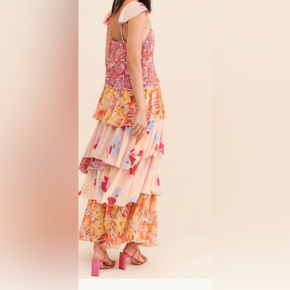 Free People Coraline Tiered Maxi Dress Boho Floral Pink Ruffle Size 0 - Picture 7 of 16